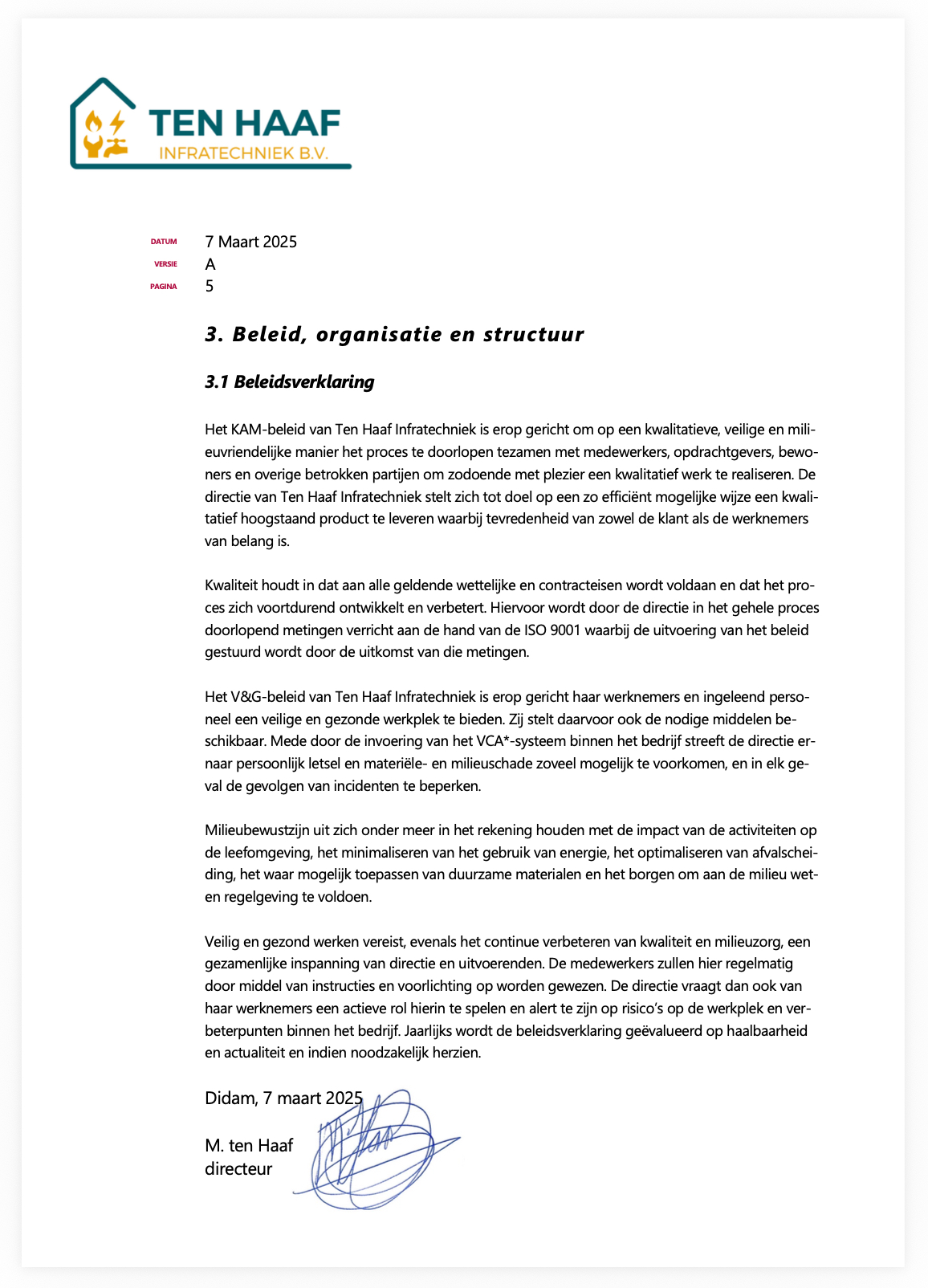 Beleidsverklaring Ten Haaf Infratechniek
